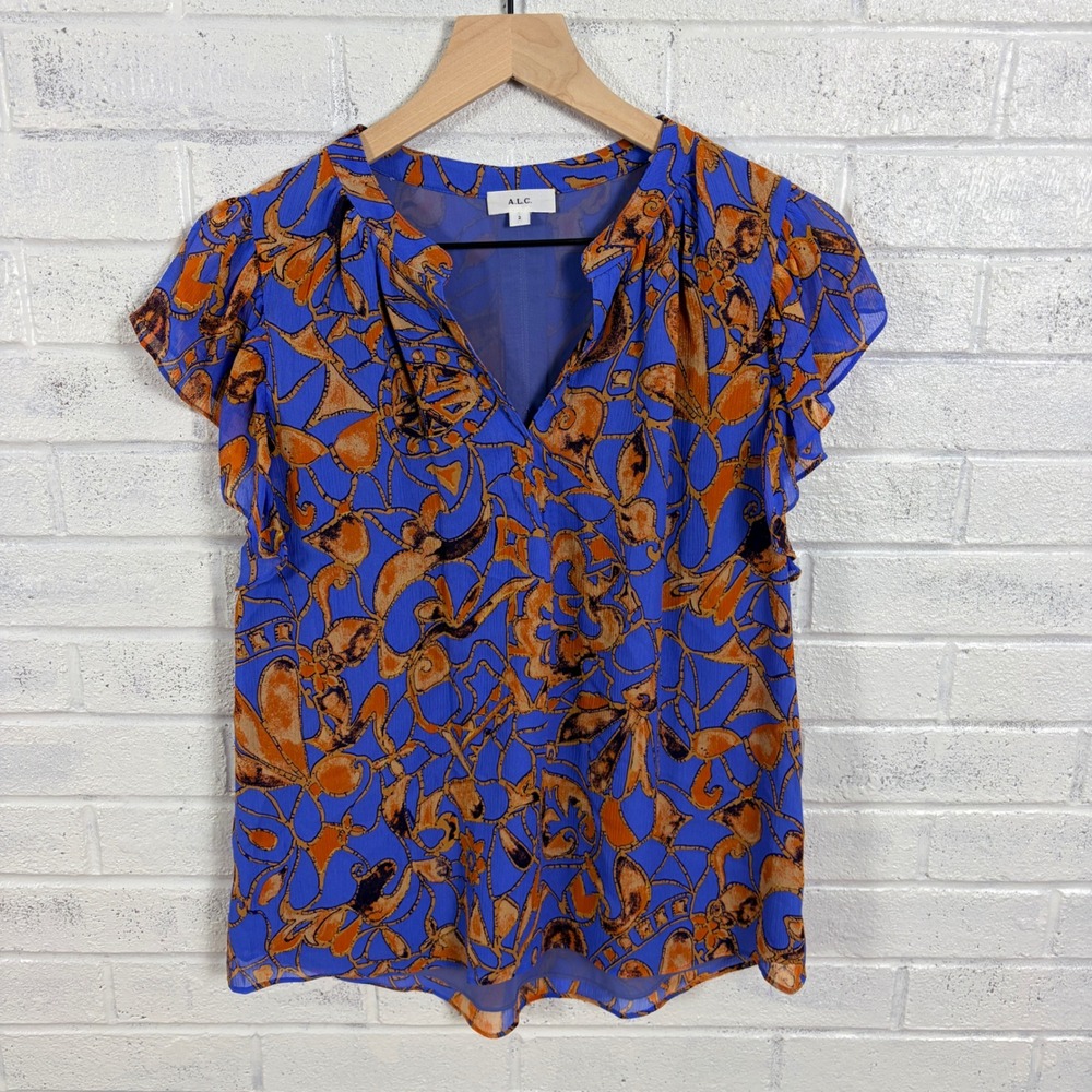 A.L.C. Silk Abstract Print Blouse Womens 2 Blue Orange Flutter Sleeve